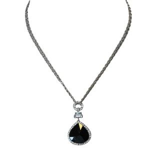 Monet Silver Tone Black Teardrop Pendant Necklace with Rhinestones